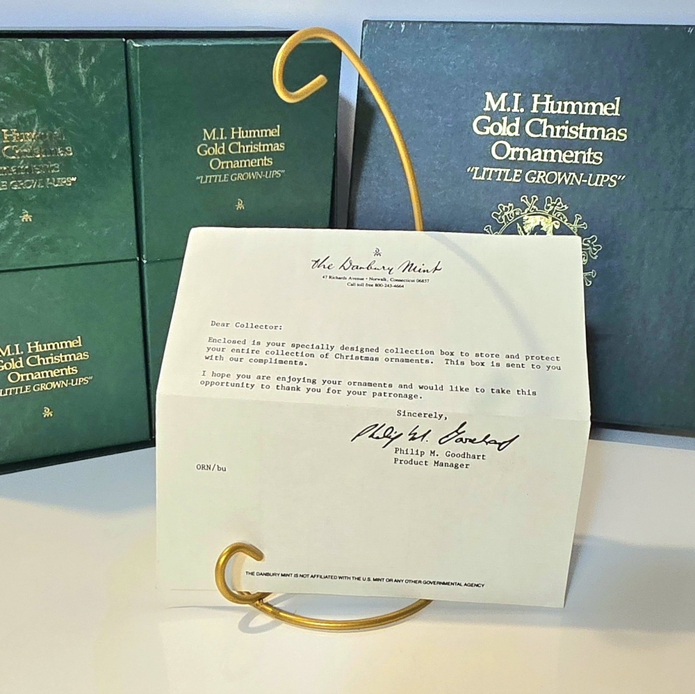 Vintage M. I.  Hummel 12-Pc Set Gold Christmas Ornaments "Little Grown-ups"